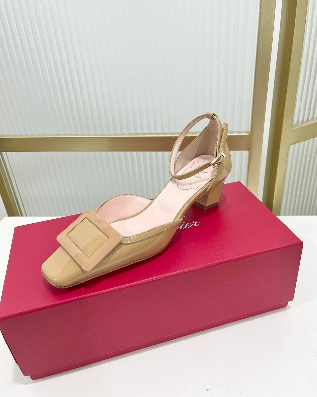 Trompette Metal Buckle Slingback Pump 45 Camel Patent Leather