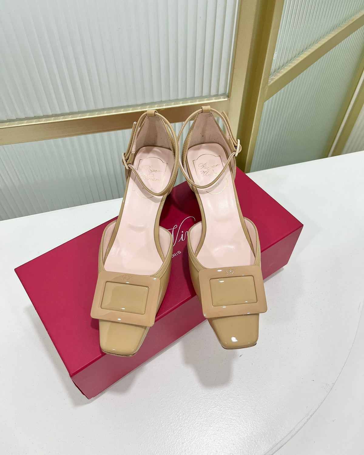 Trompette Metal Buckle Slingback Pump 45 Camel Patent Leather
