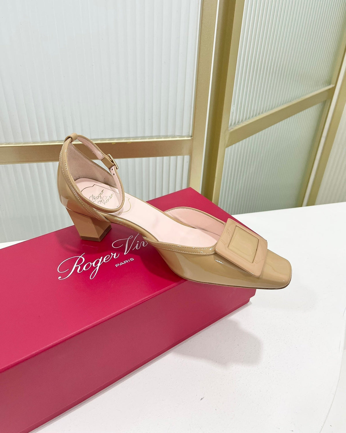 Trompette Metal Buckle Slingback Pump 45 Camel Patent Leather