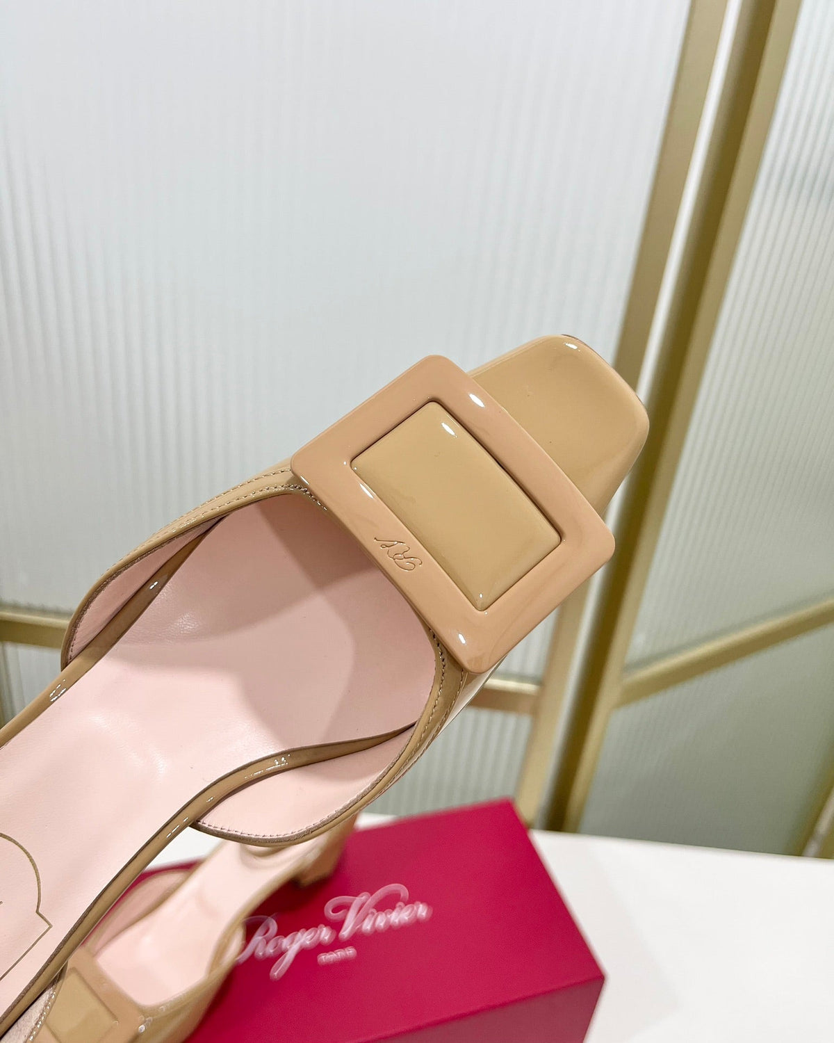 Trompette Metal Buckle Slingback Pump 45 Camel Patent Leather
