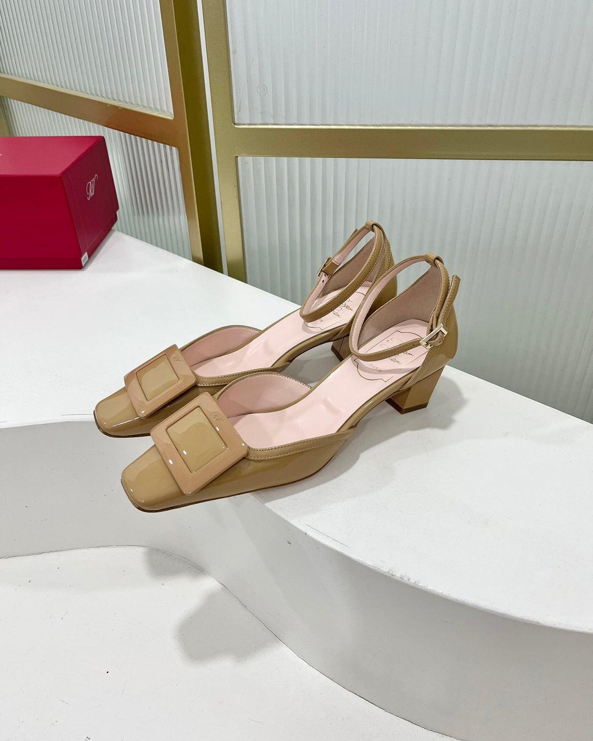 Trompette Metal Buckle Slingback Pump 45 Camel Patent Leather