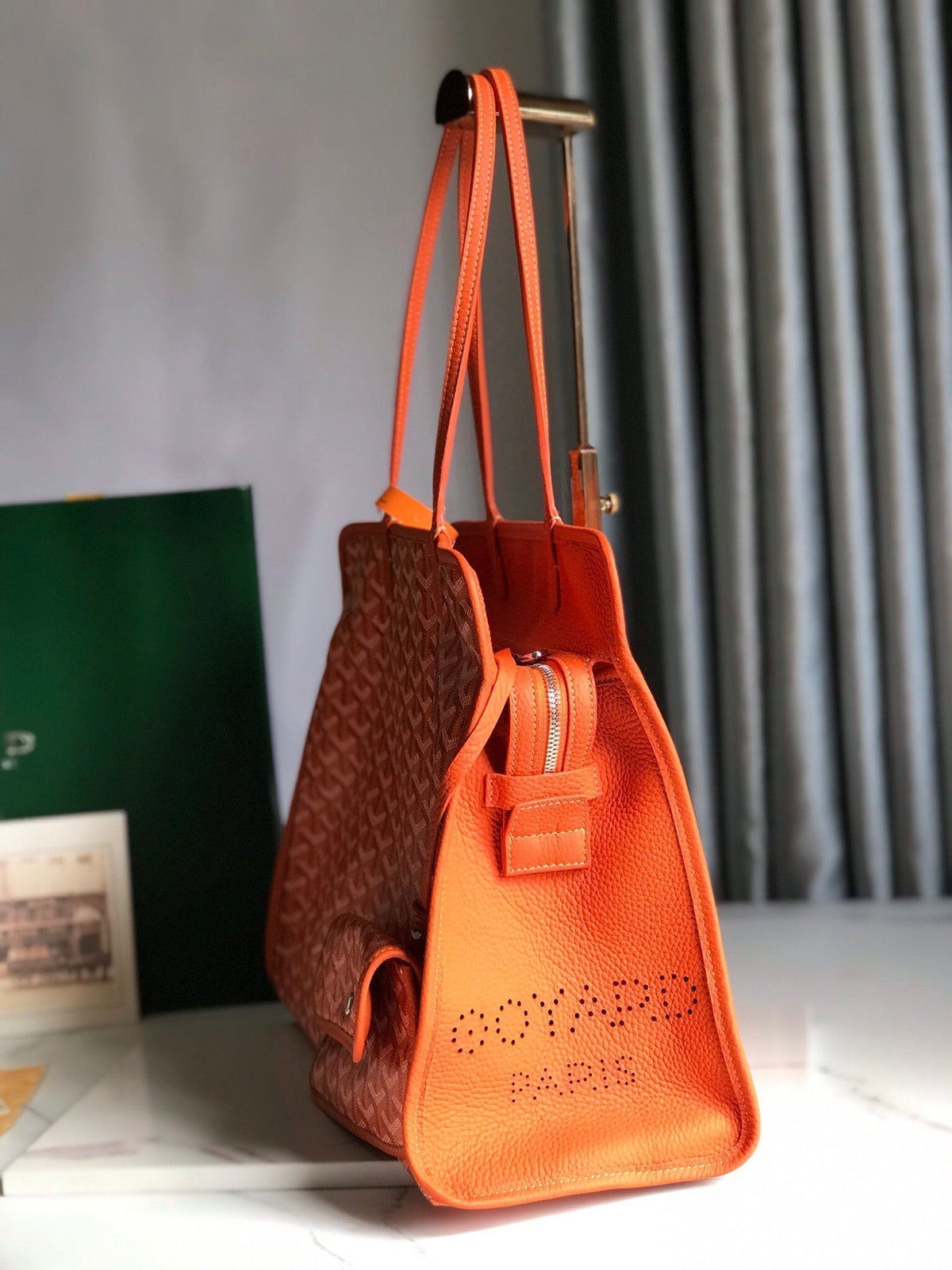 HARDY PM BAG 40 IN ORANGE GOYARDINE CANVAS AND TAURILLON LEATHER TRIM