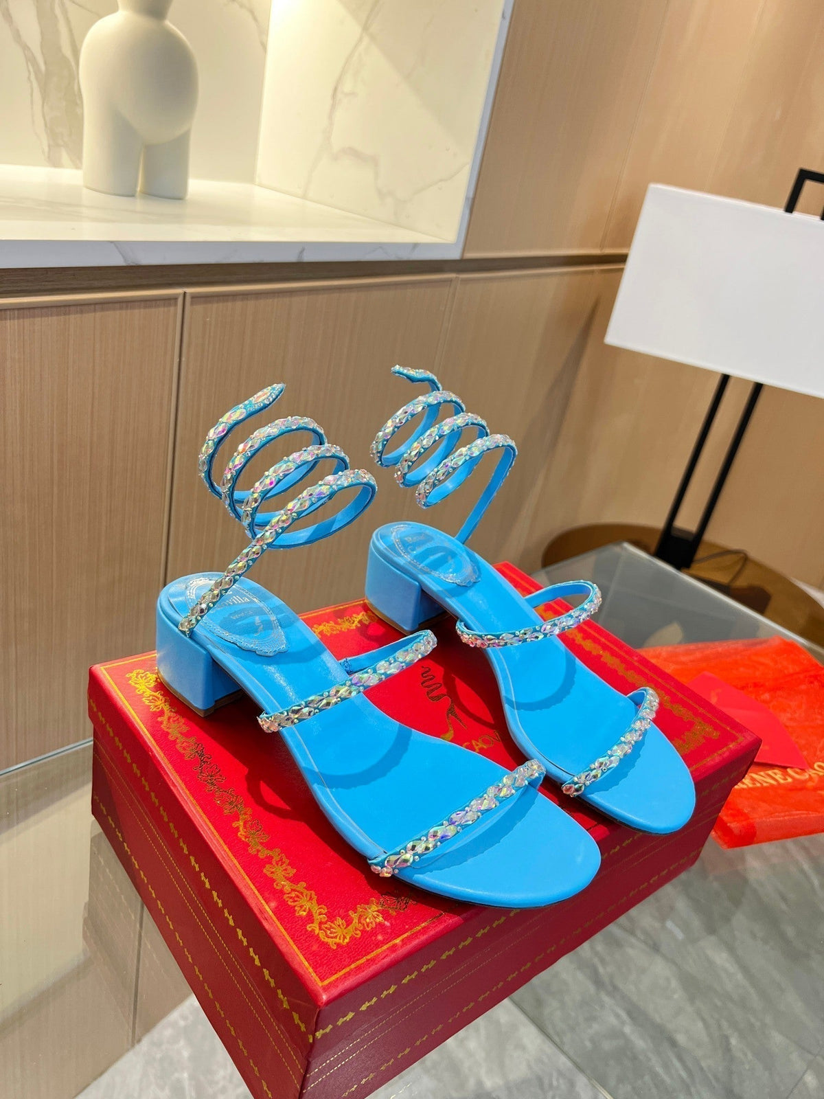 RC Diamond Sandals Blue Silk Creole Glass Diamond 341986