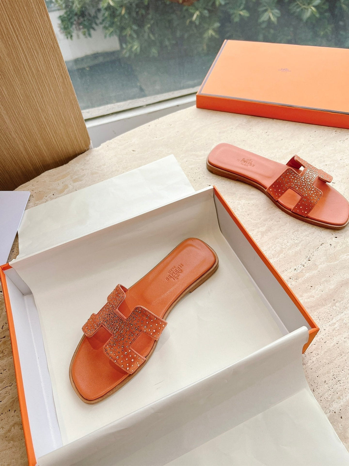 HM 25 Oran Sandal Orange Calfskin Crystal Embellished