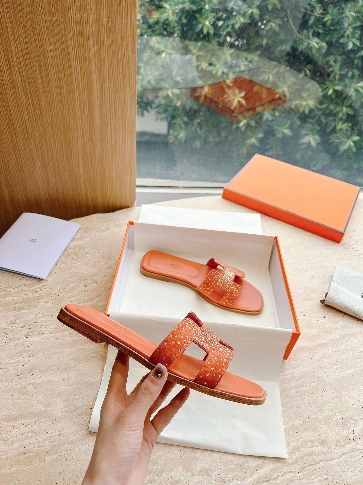 HM 25 Oran Sandal Orange Calfskin Crystal Embellished