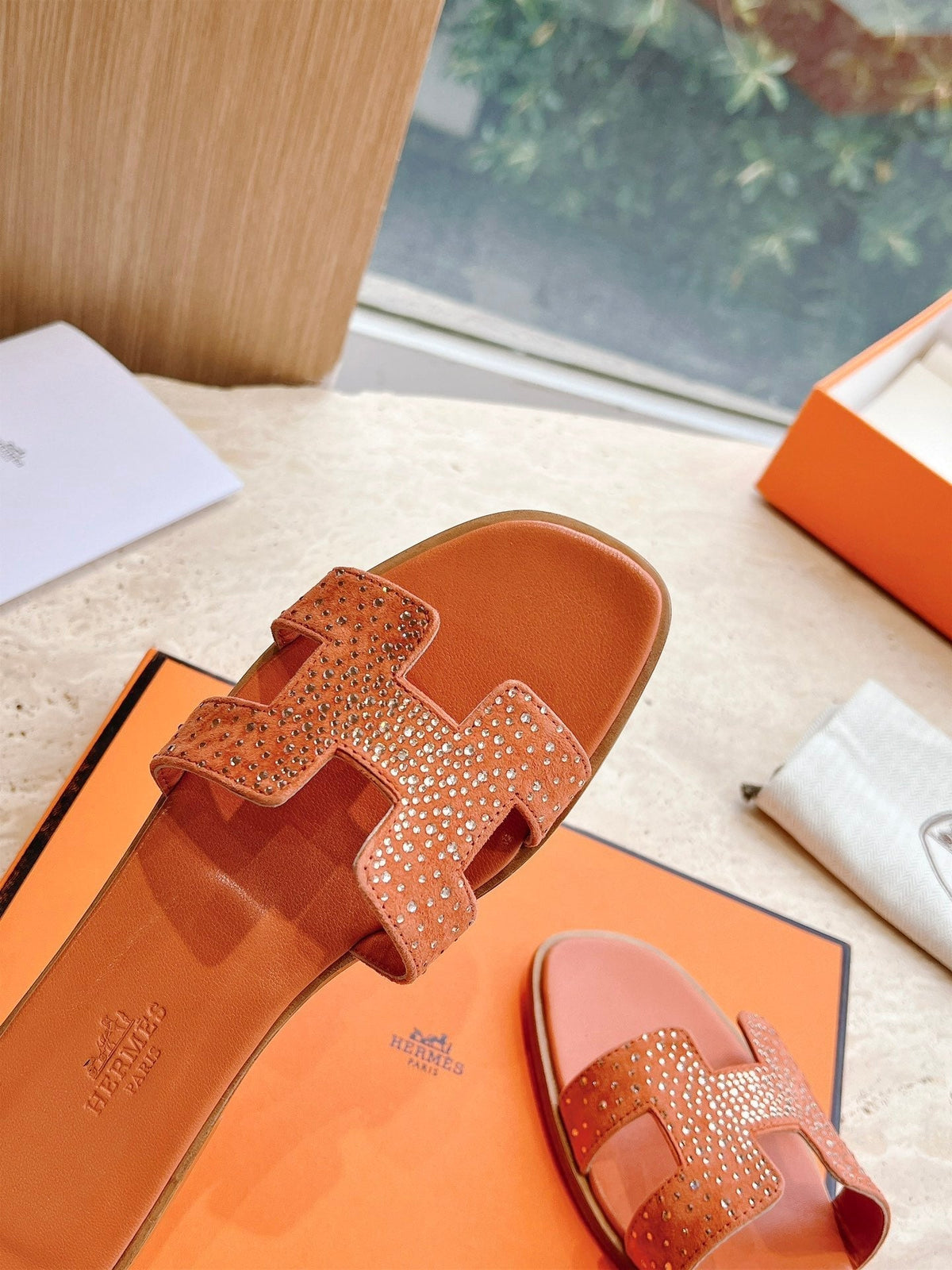 HM 25 Oran Sandal Orange Calfskin Crystal Embellished