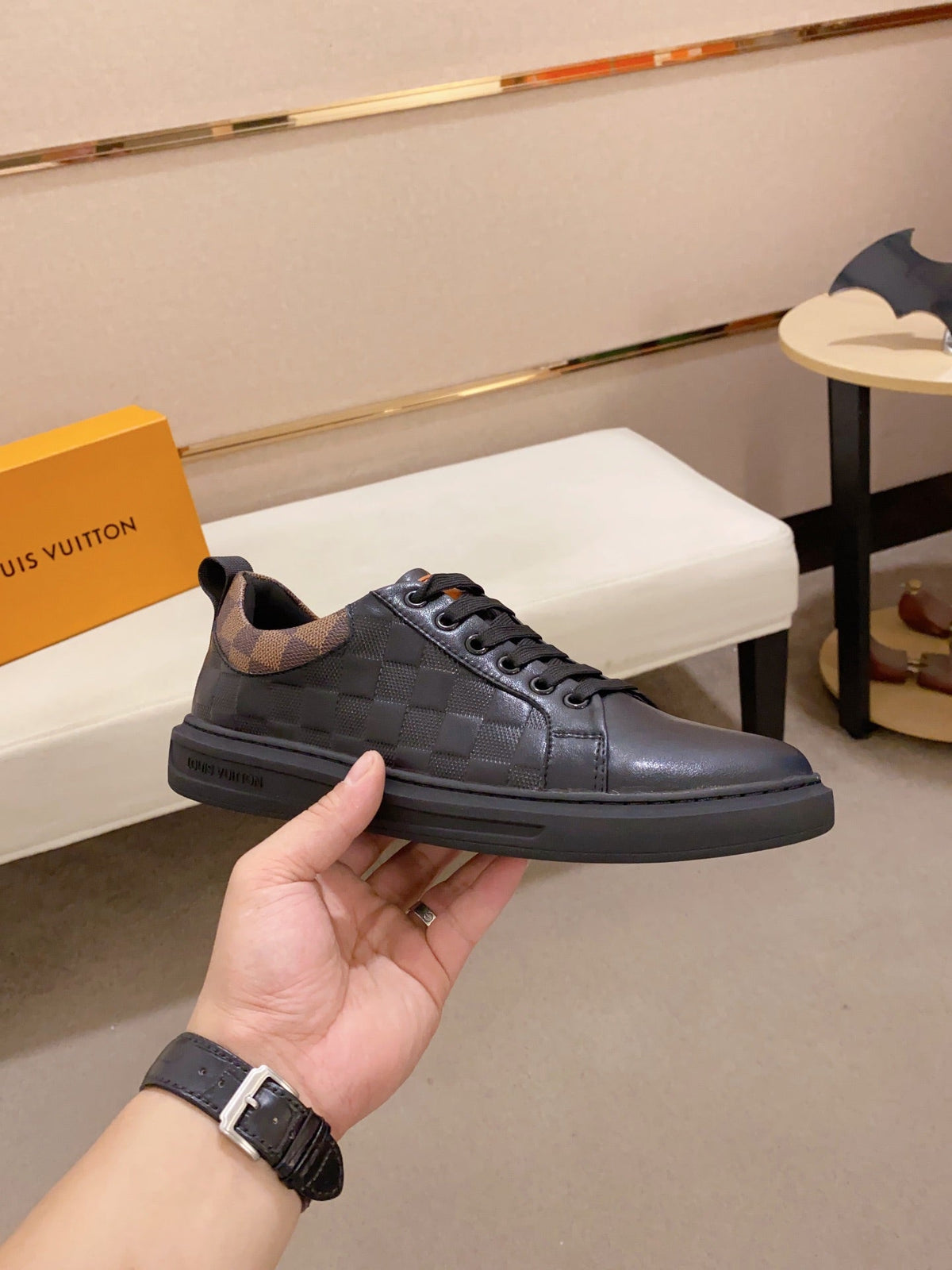 LV TRAINER SNEAKER BLACK DAMIER JACQUARD AND CALFSKIN