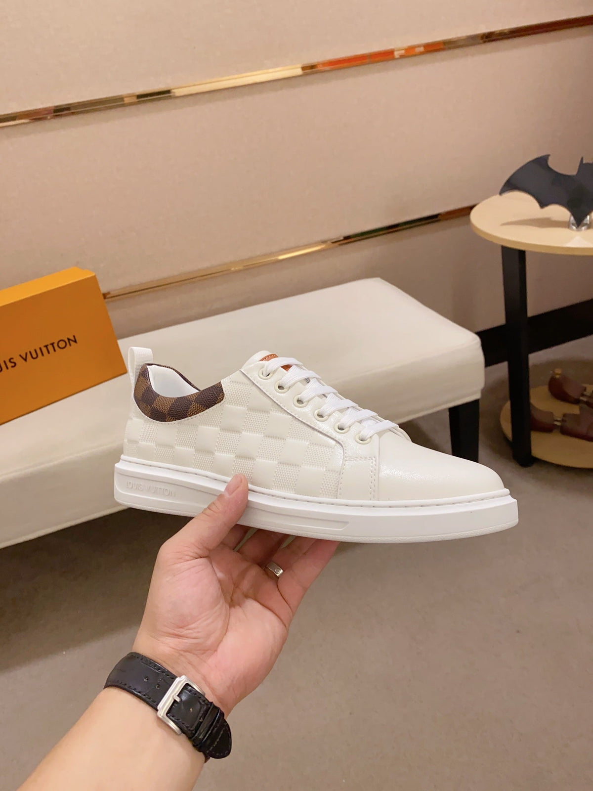 LV TRAINER SNEAKER WHITE DAMIER JACQUARD AND CALFSKIN