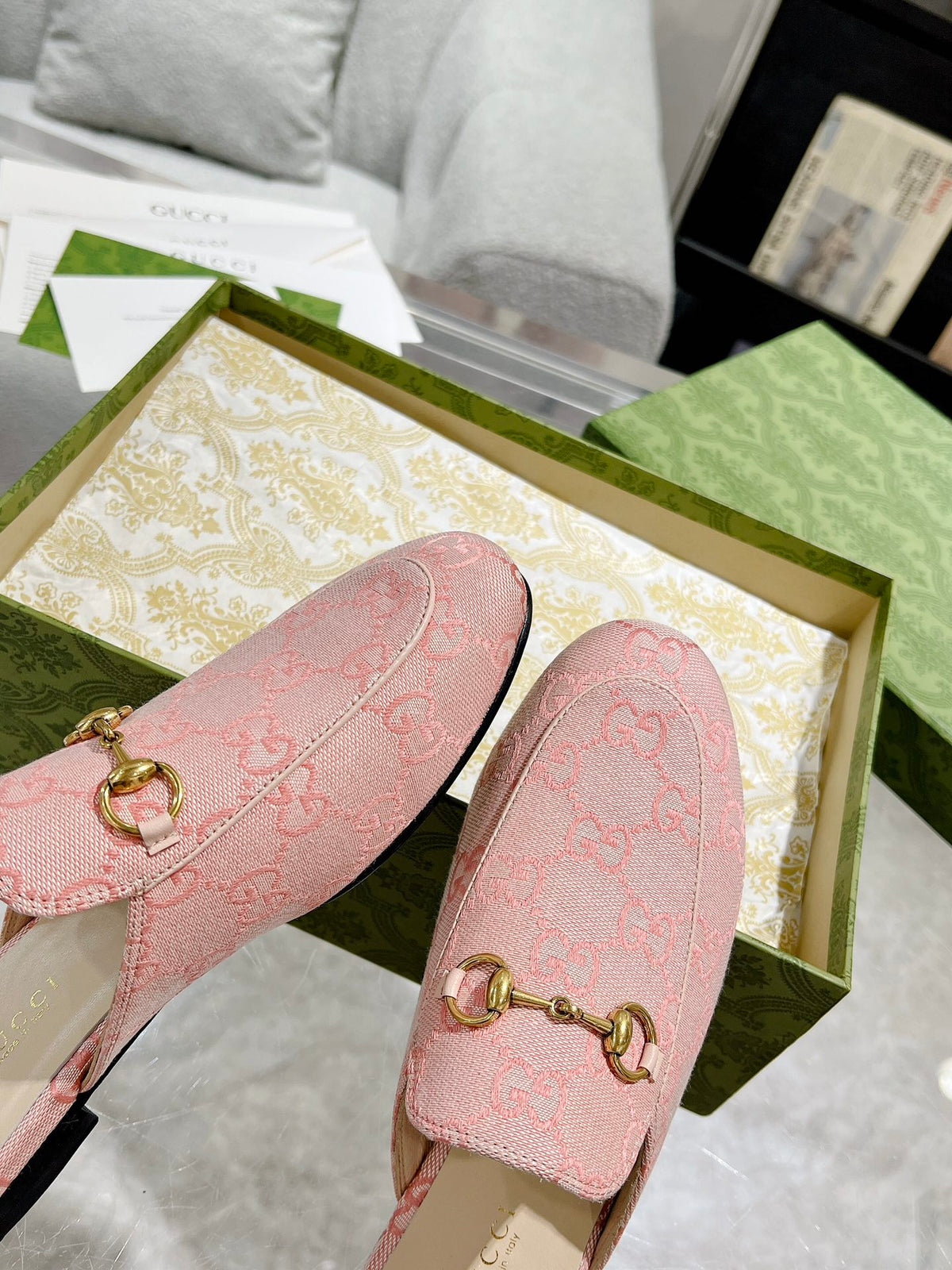 MEN'S MULE WITH HORSEBIT IN PINK PASTEL MONOGRAM JACQUARD FABRIC