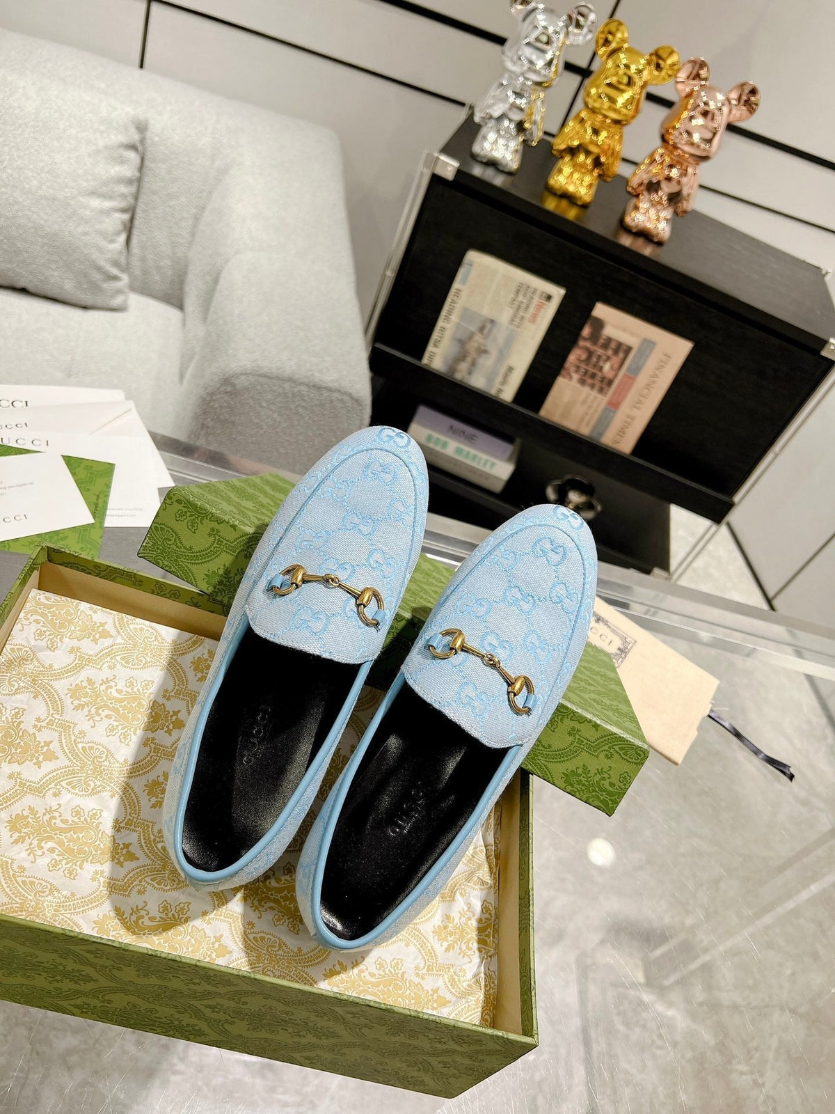 MEN'S LOAFER WITH HORSEBIT IN LIGHT BLUE MONOGRAM JACQUARD FABRIC