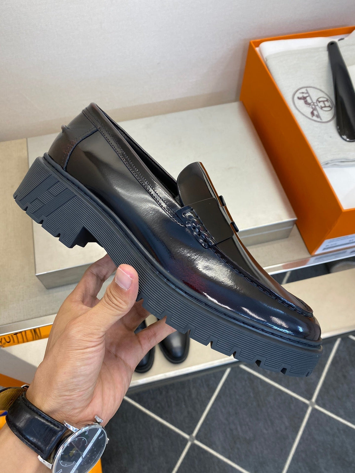 HM Men's Loafer Black Mix Brown Patent Leather 540806