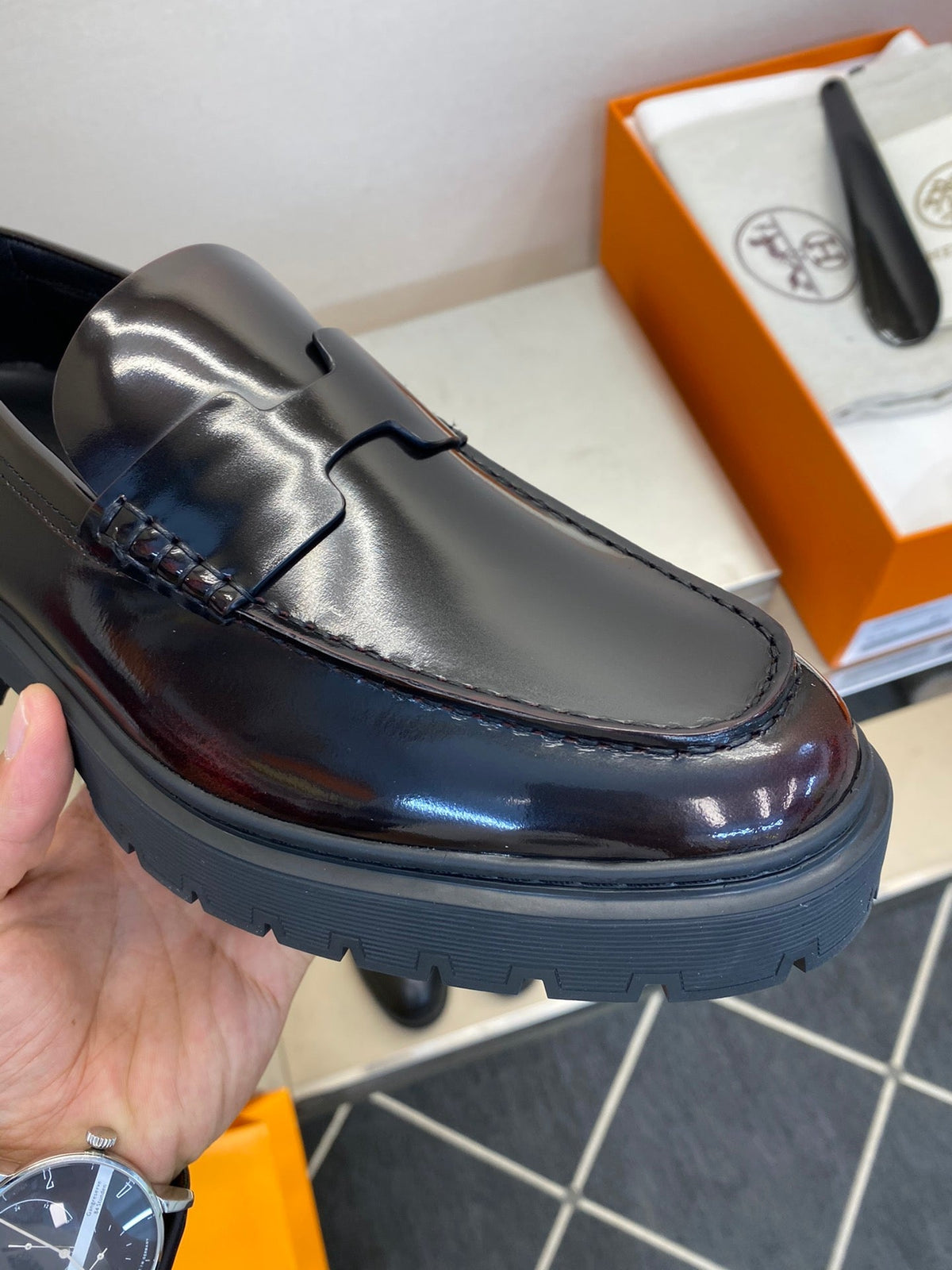 HM Men's Loafer Black Mix Brown Patent Leather 540806