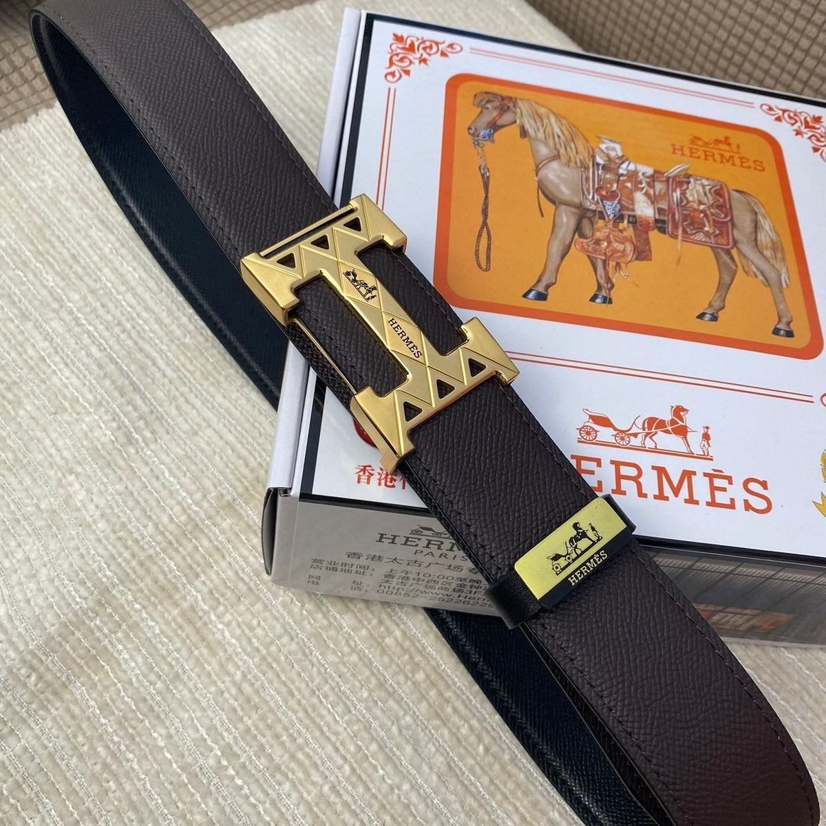 HM Belt 38mm Chocolate Black Cowhide Leather Gold Buckle 619065