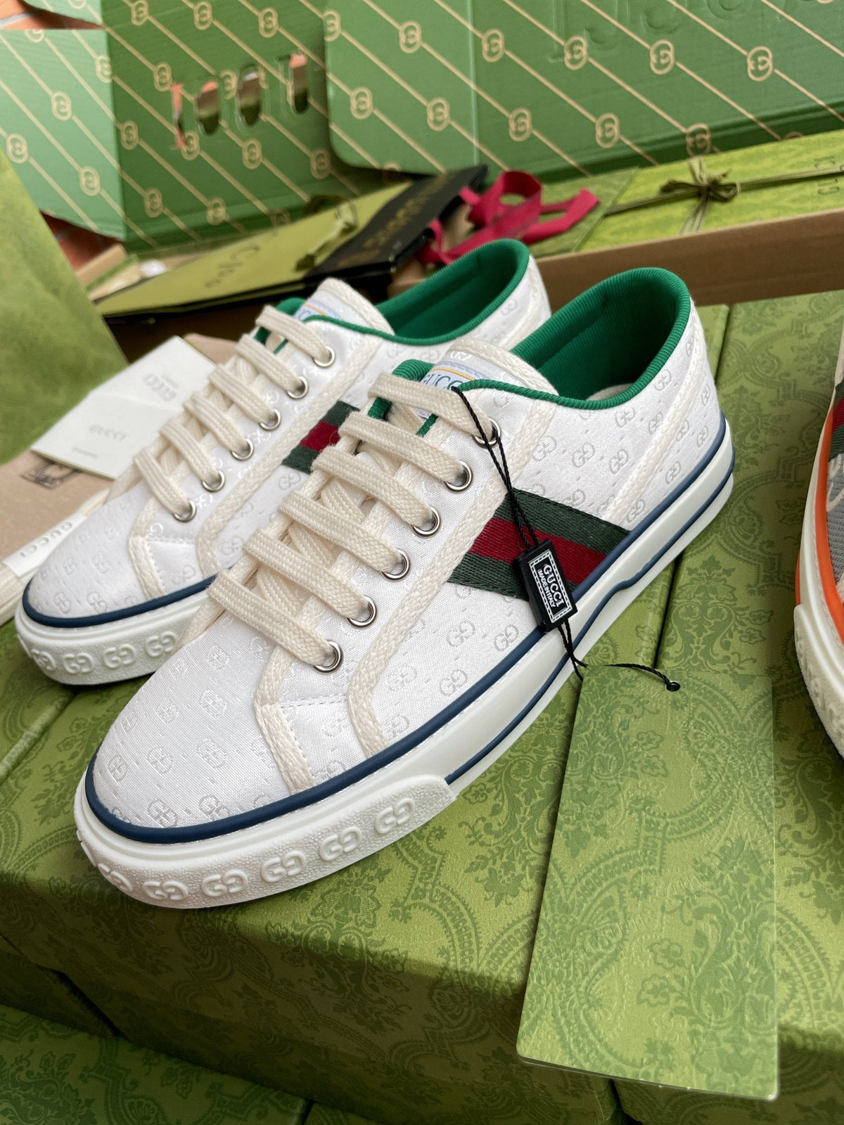 GG 26 Platform Sneaker White Green Monogram Canvas 632829