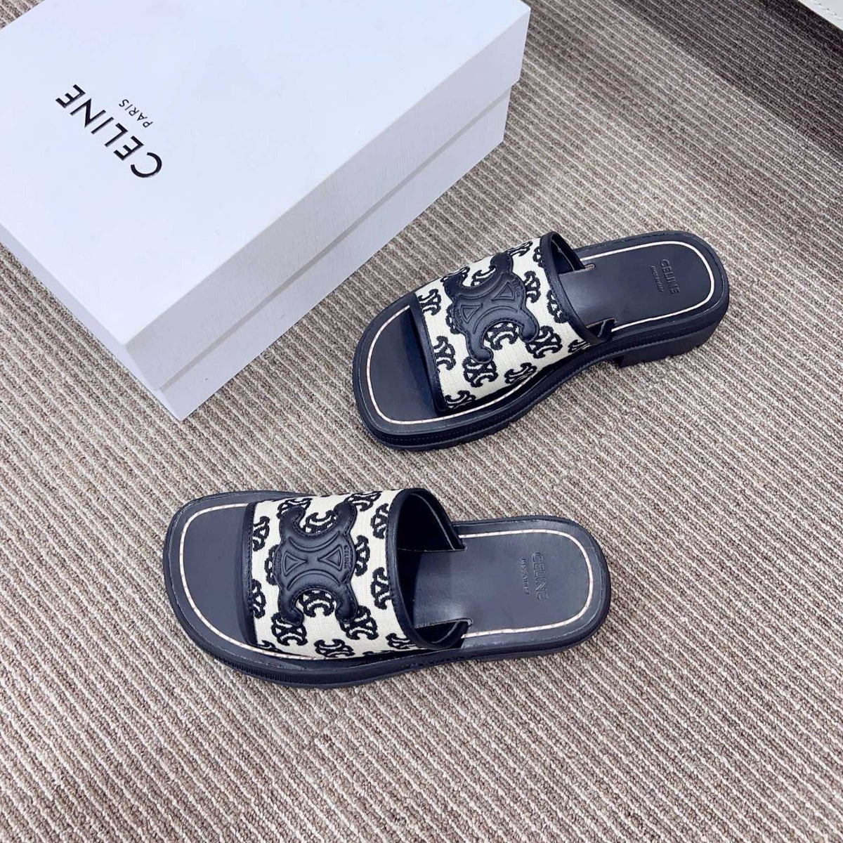 LEA TRIOMPHE PLATFORM SLIDES WOMEN VEGETABLE TANNED CALFSKIN BLACK/WHITE