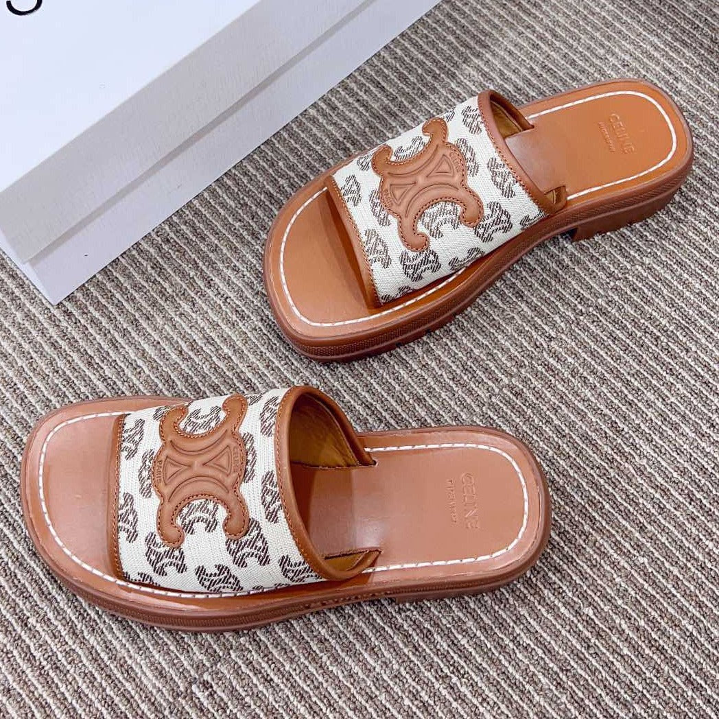 LEA TRIOMPHE PLATFORM SLIDES WOMEN VEGETABLE TANNED CALFSKIN BROWN/WHITE