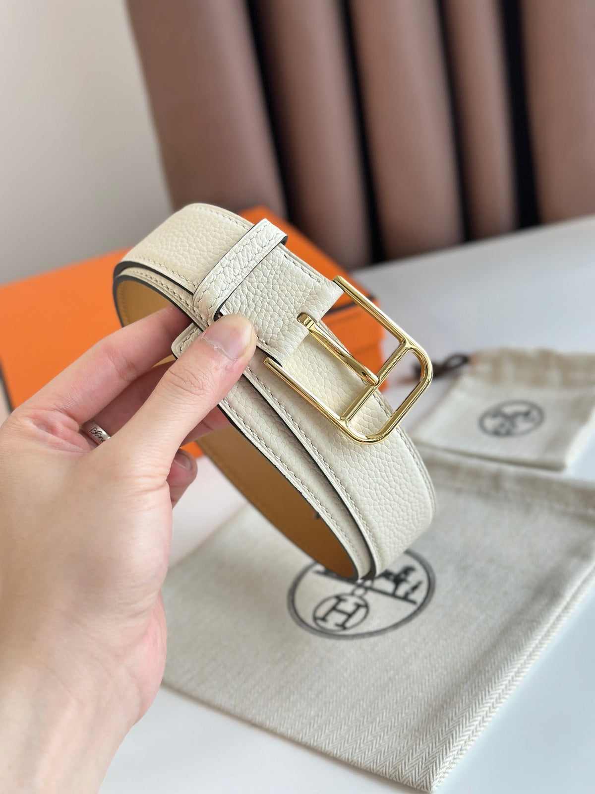 HM ROMAIN 35MM BELT WHITE CREAM LEATHER GOLD HARDWARE