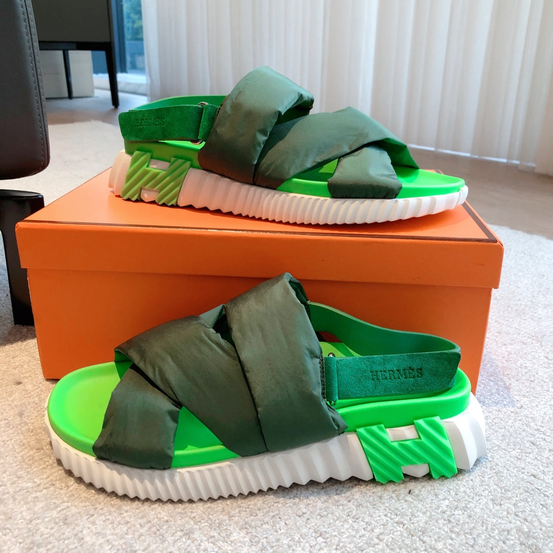 HM ELECTRIC SANDAL DARK GREEN FABRIC AND CALFSKIN