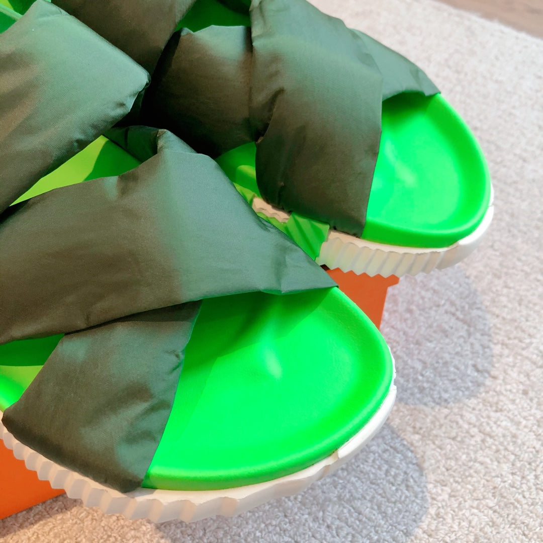 HM ELECTRIC SANDAL DARK GREEN FABRIC AND CALFSKIN