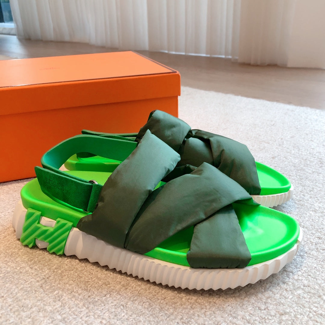 HM ELECTRIC SANDAL DARK GREEN FABRIC AND CALFSKIN
