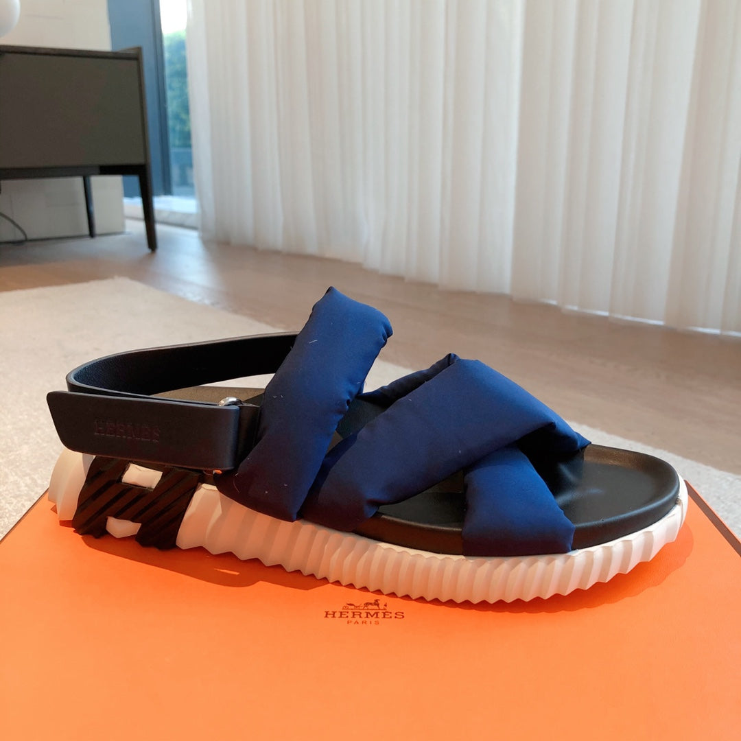 HM ELECTRIC SANDAL COBALT FABRIC AND CALFSKIN