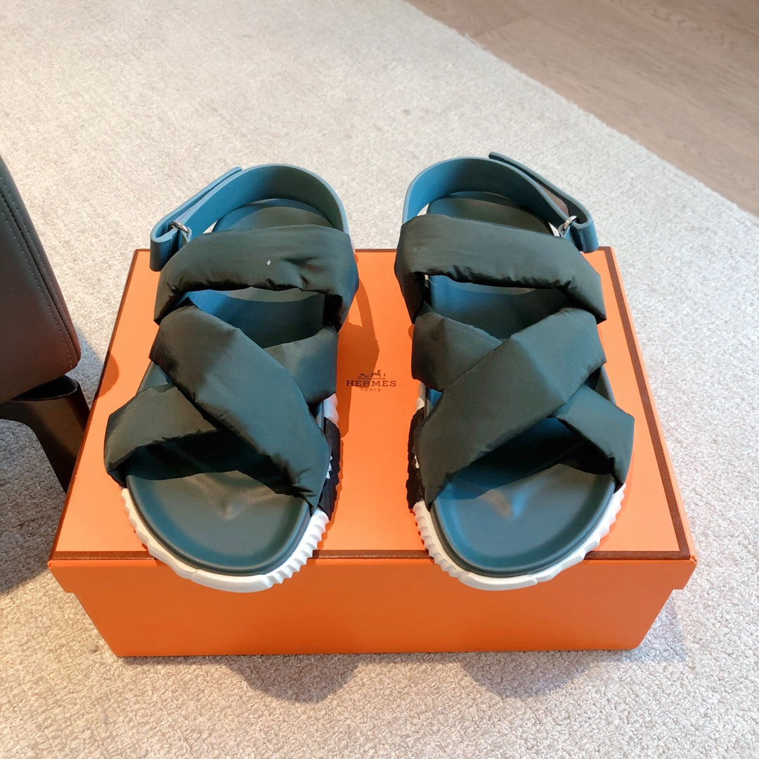 HM ELECTRIC SANDAL SPRUCE FABRIC AND CALFSKIN