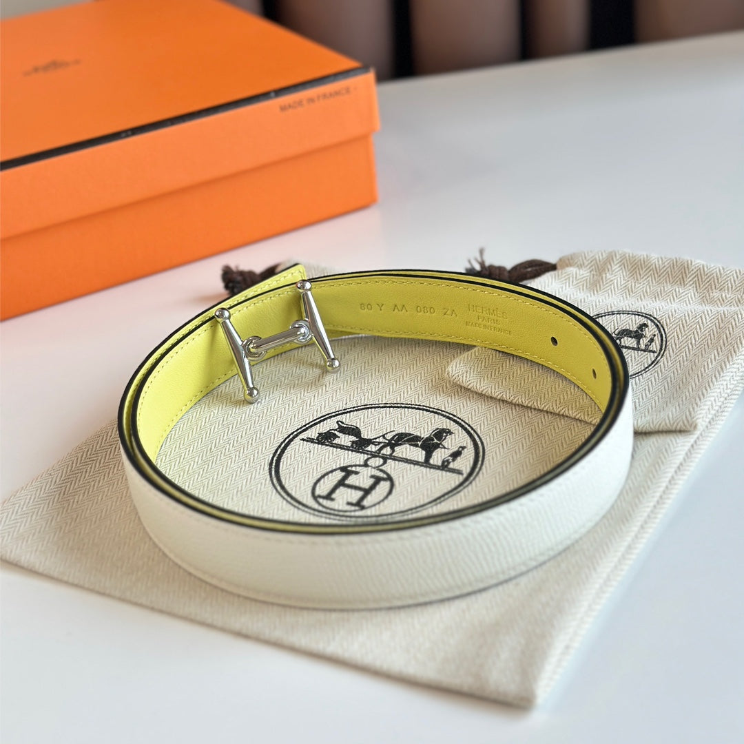 HM Silver Mors H buckle & Reversible 24 mm belt Yellow Beige leather 125367