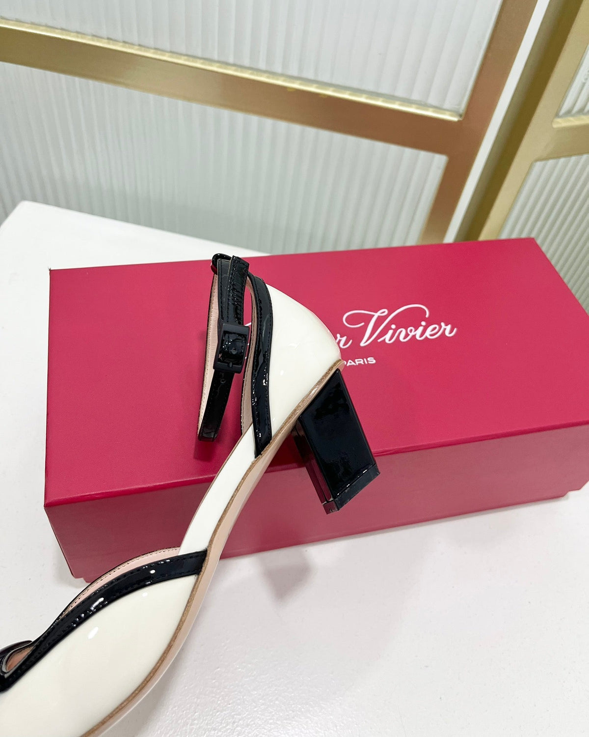 Trompette Metal Buckle Slingback Pump 45 Black White Patent Leather