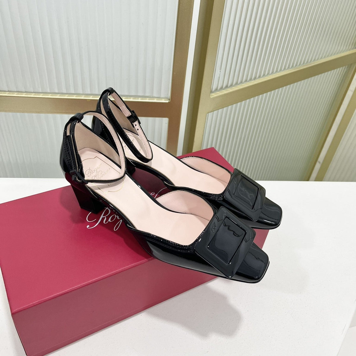 Trompette Metal Buckle Slingback Pump 45 Black Patent Leather