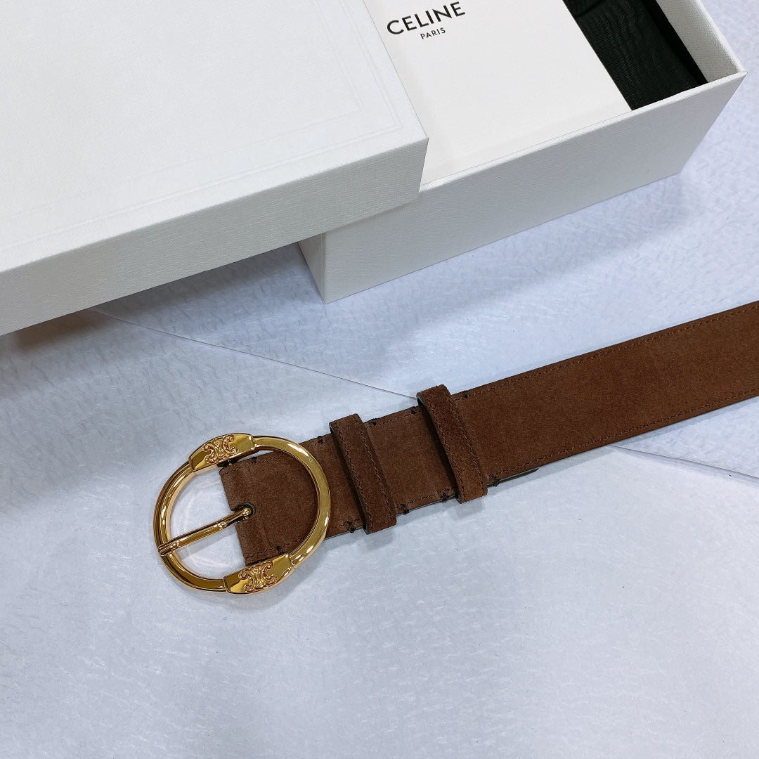CL LARGE 35MM TWIN TRIOMPHE BELT IN CHOCOLATE BROWN SUEDE GOLD HARDWARE
