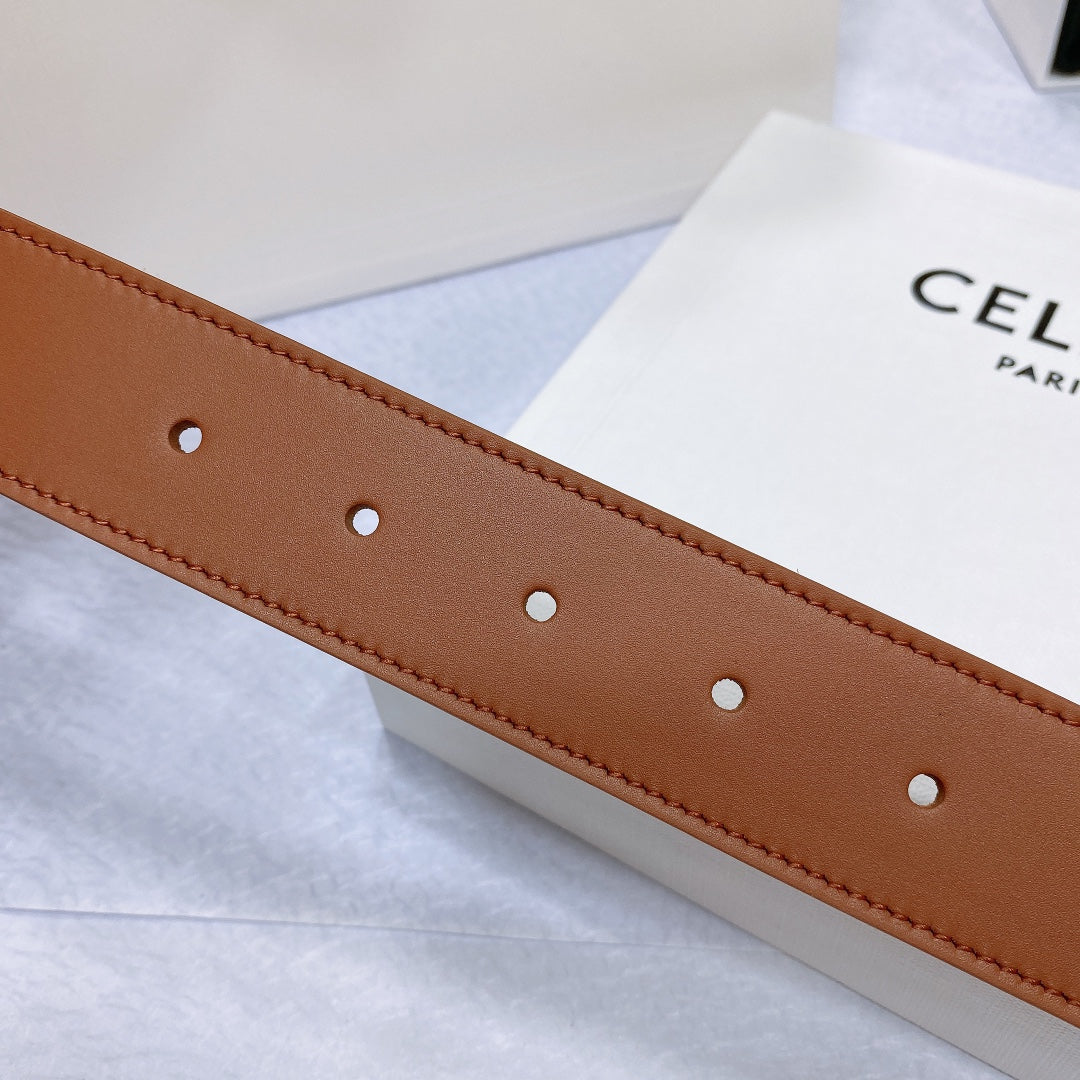 CL LARGE 35MM TWIN TRIOMPHE BELT IN BRONZE BROWN CALFSKIN SILVER HARDWARE