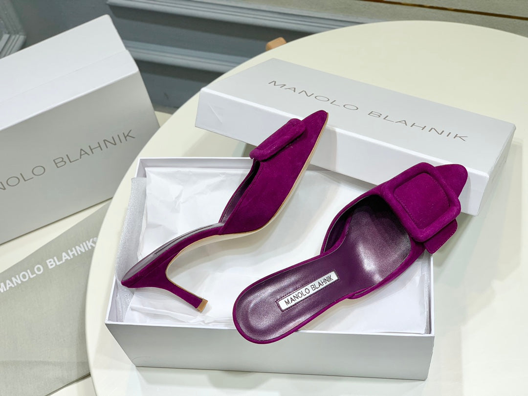 Manolo Mules 7cm Purple Suede Leather Bottom 451194