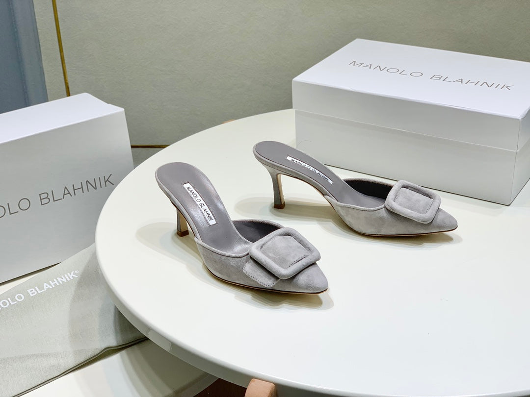 Manolo Mules 7cm Grey Suede Leather Bottom 451193