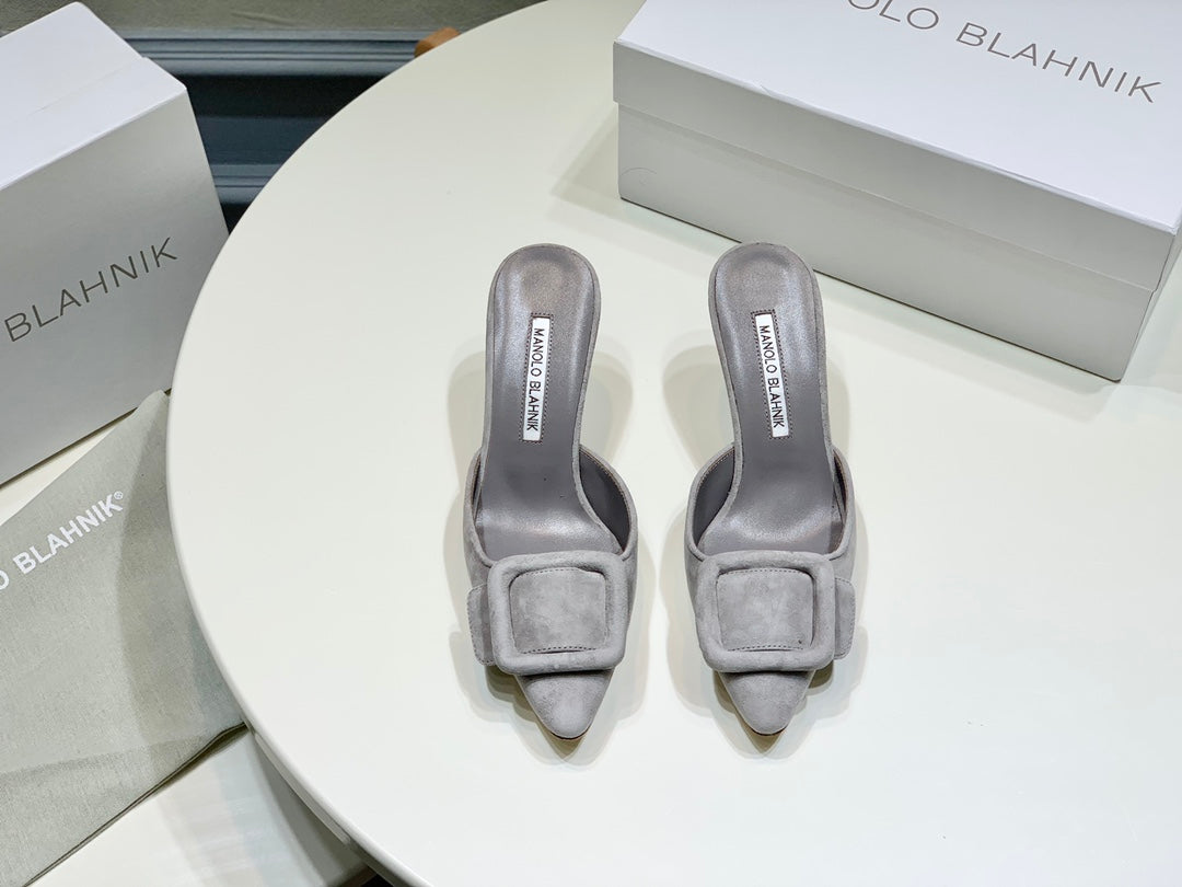 Manolo Mules 7cm Grey Suede Leather Bottom 451193