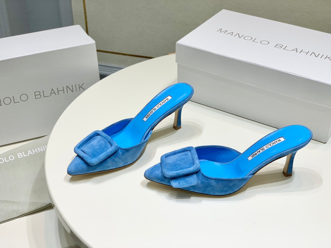 Manolo Mules 7cm Blue Suede Leather Bottom 451192
