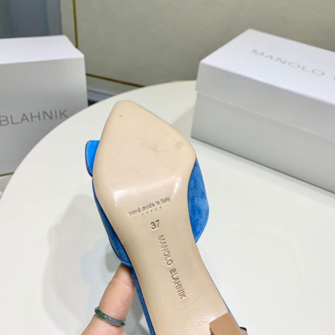 Manolo Mules 7cm Blue Suede Leather Bottom 451192