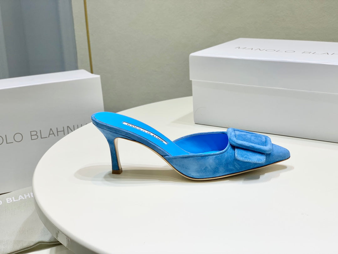 Manolo Mules 7cm Blue Suede Leather Bottom 451192