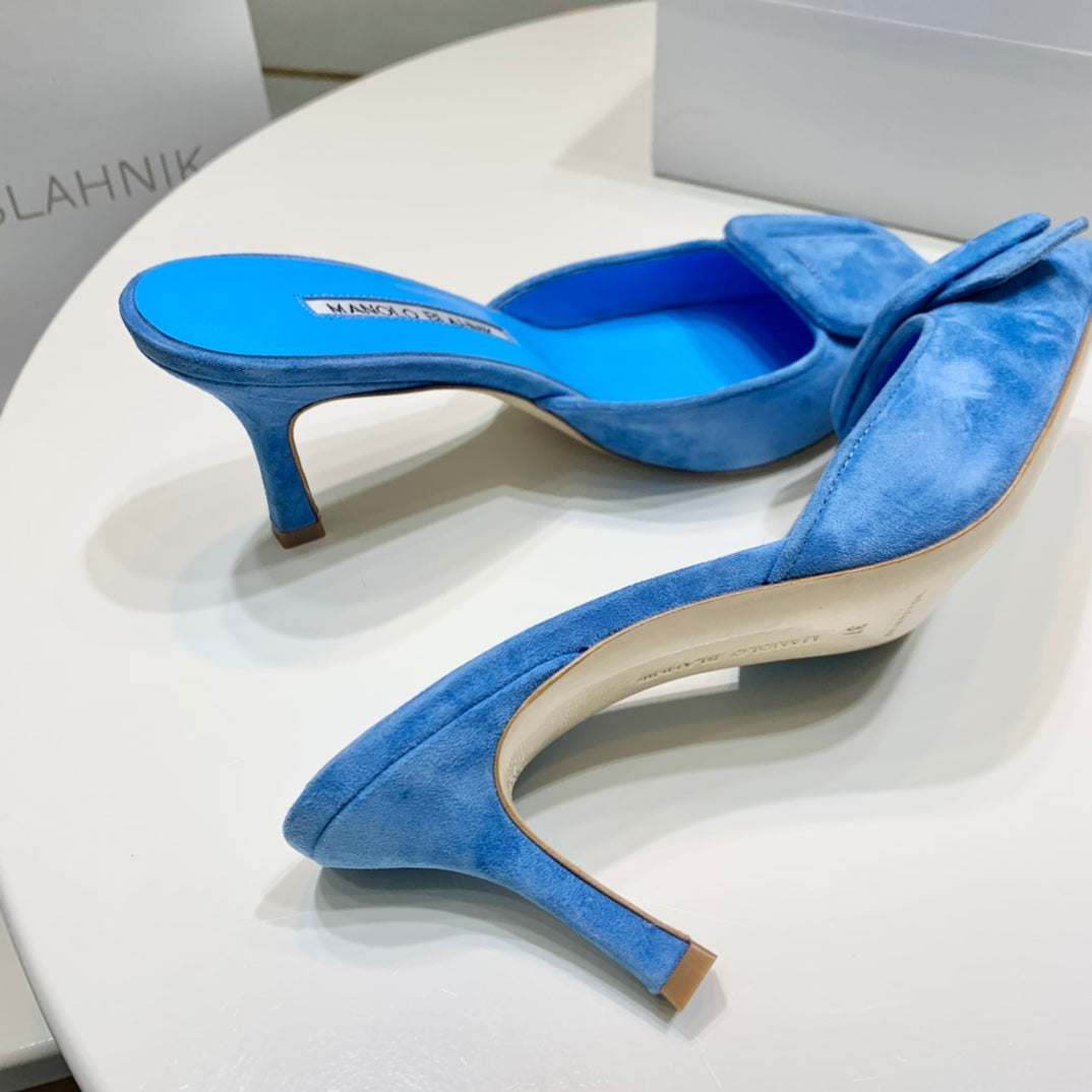 Manolo Mules 7cm Blue Suede Leather Bottom 451192