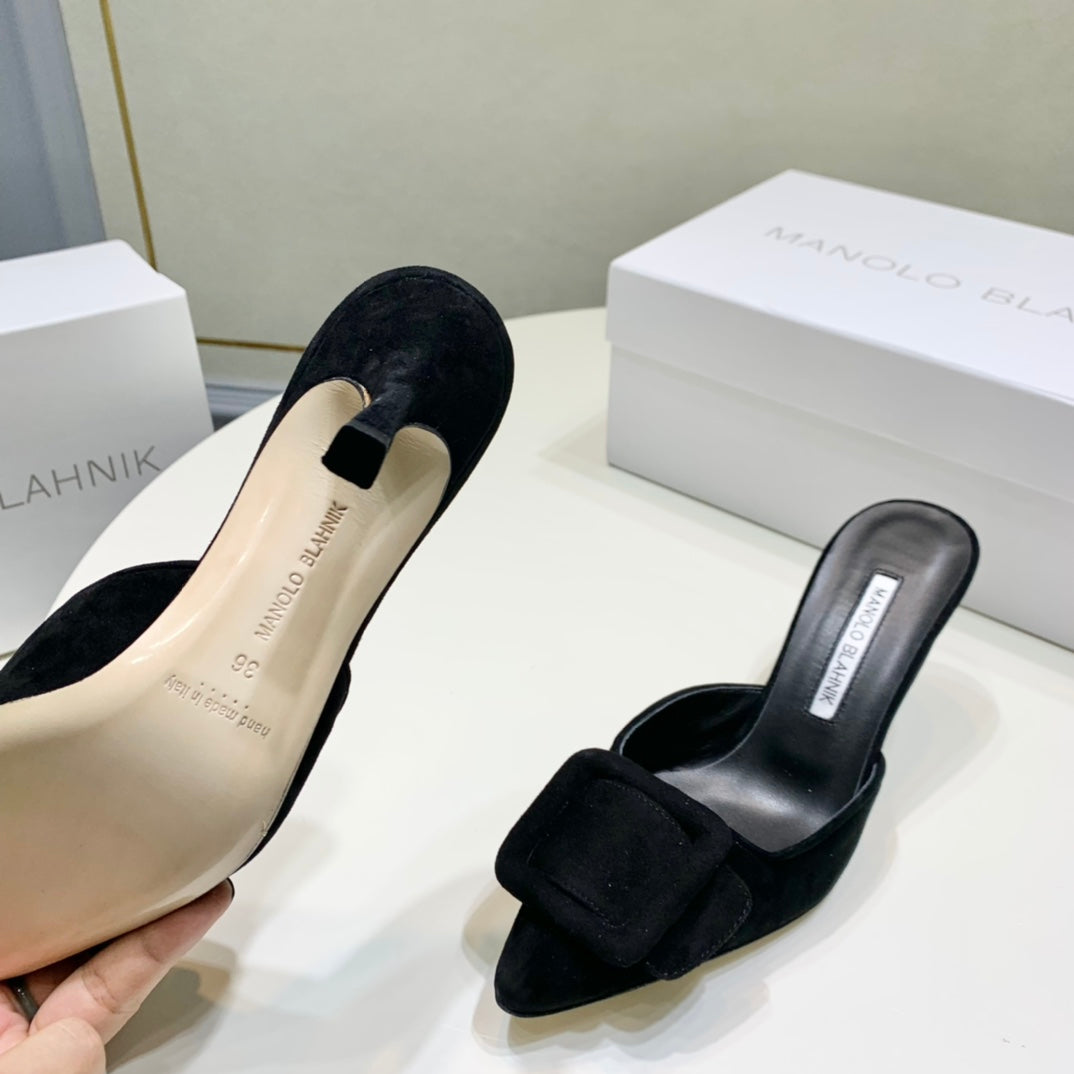 Manolo Mules 7cm Black Suede Leather Bottom 451190