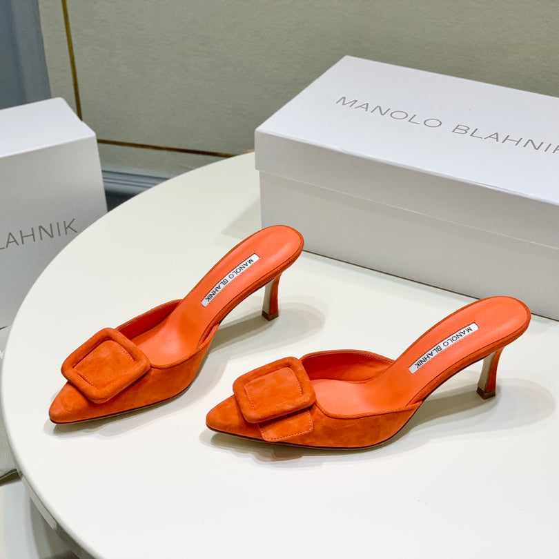 Manolo Mules 7cm Orange Suede Leather Bottom 451189