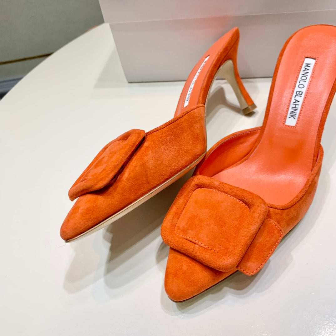 Manolo Mules 7cm Orange Suede Leather Bottom 451189