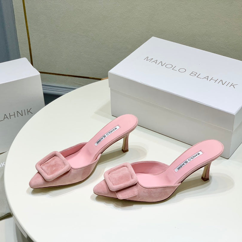 Manolo Mules 7cm Pink Suede Leather Bottom 451188