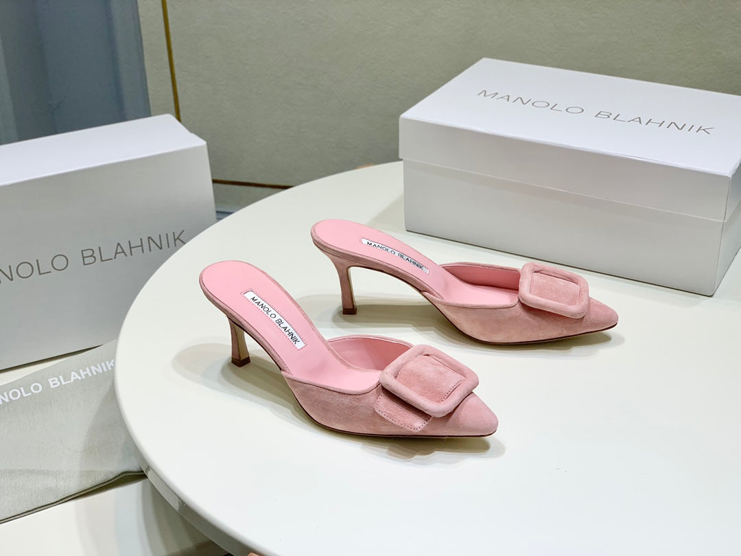 Manolo Mules 7cm Pink Suede Leather Bottom 451188