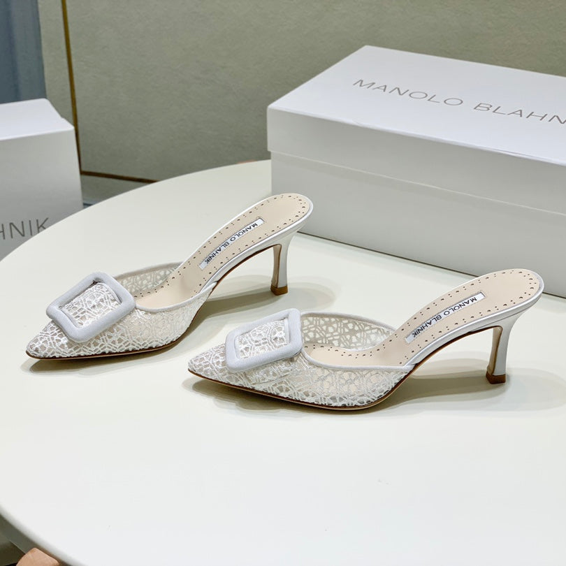 Manolo Mules 7cm White Hollow Lace Leather Bottom 451198