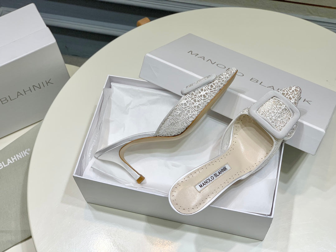 Manolo Mules 7cm White Hollow Lace Leather Bottom 451198