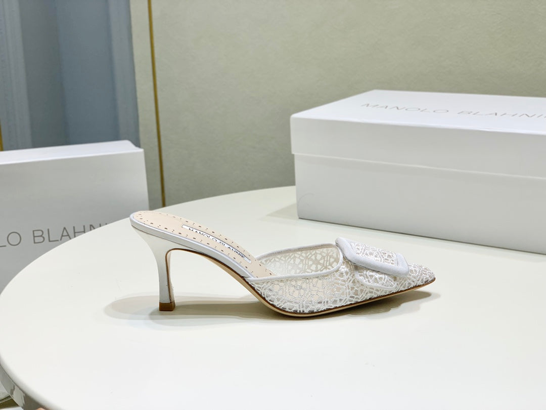 Manolo Mules 7cm White Hollow Lace Leather Bottom 451198
