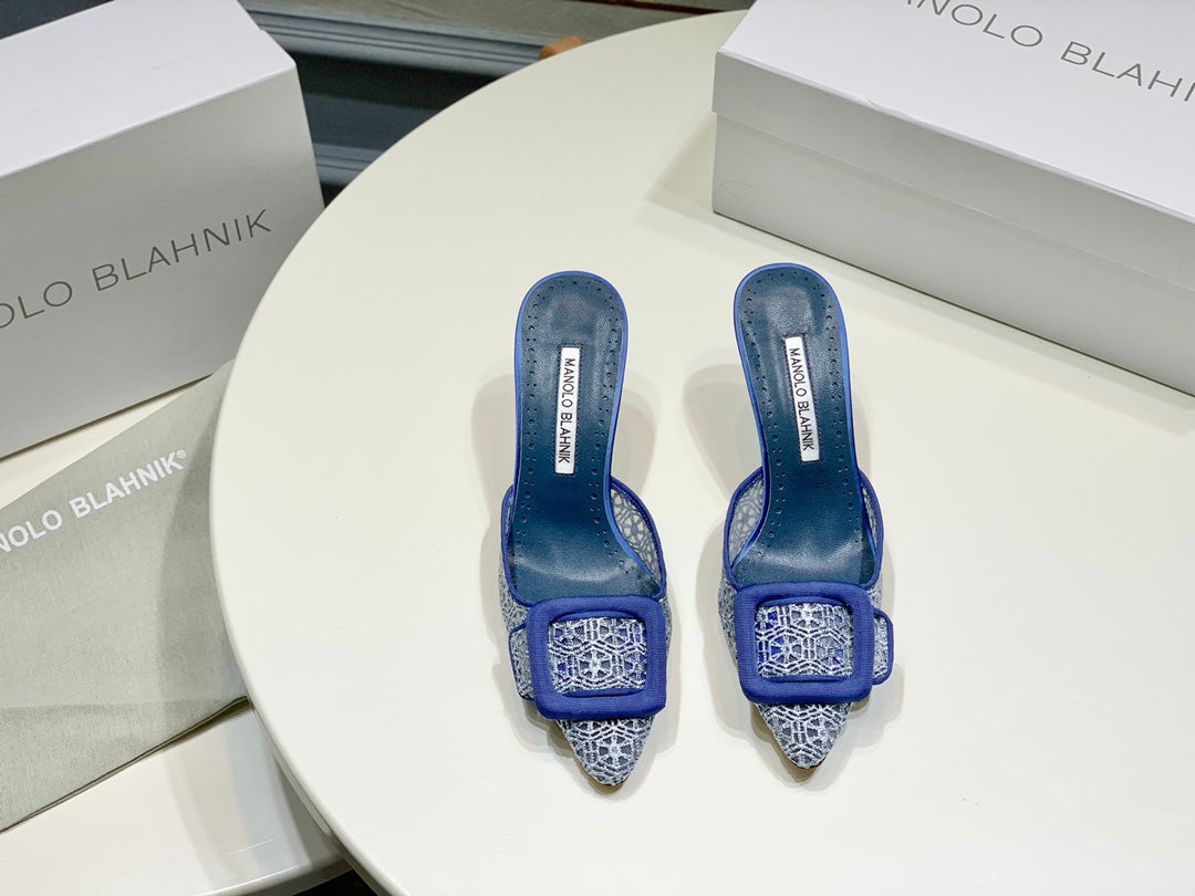 Manolo Mules 7cm Blue Hollow Lace Leather Bottom 451199