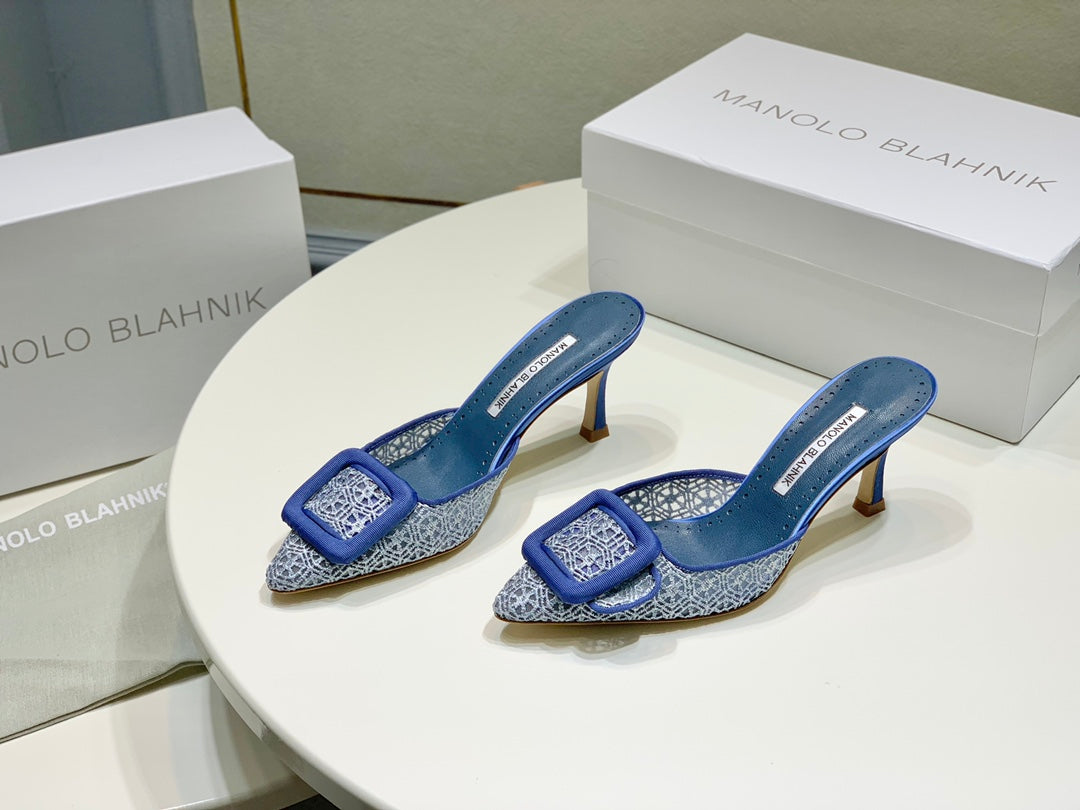 Manolo Mules 7cm Blue Hollow Lace Leather Bottom 451199