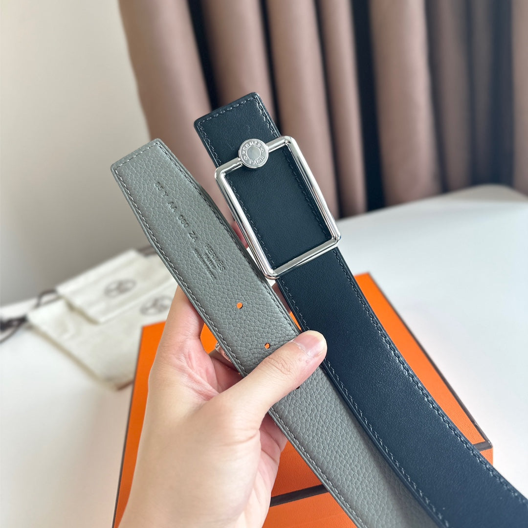 HM OSCAR BELT BUCKLE & REVERSIBLE BLACK AND ASH GREY LEATHER STRAP 38MM SILVER HARDWARE
