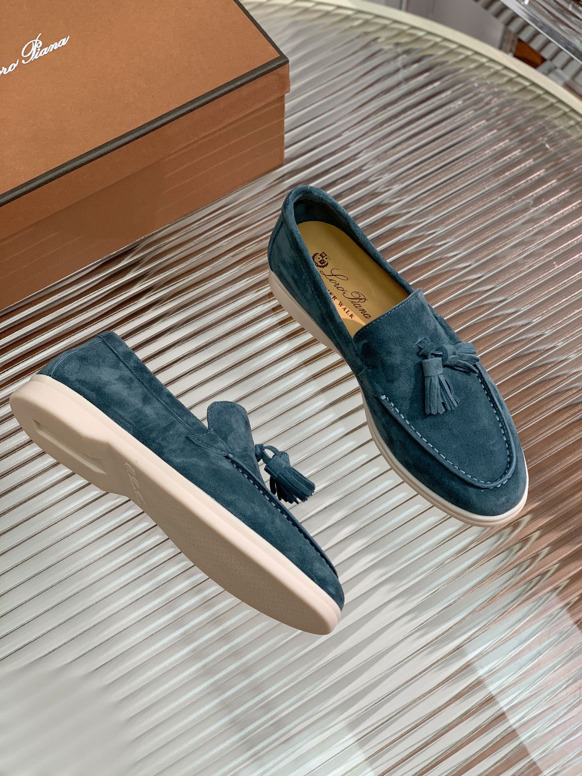 lp dot sole walk loafer peacock blue suede